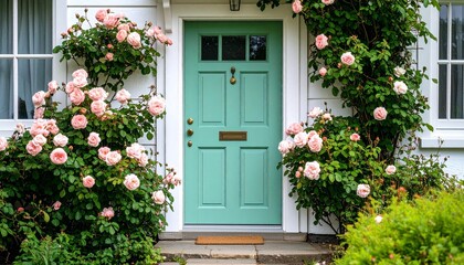 Fototapeta premium A charming cottage front door painted pastel green surrounded by blooming roses 