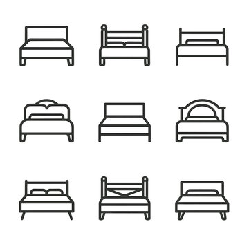Bed Frame Icons. Outline icon set of bed frame design styles: modern, rustic, industrial, vintage, minimalist, traditional,