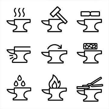 Blacksmith Icon Set. Outline icon set of anvil blacksmithing symbols: heat, hammer strike, weld, spark, metal flow, grain