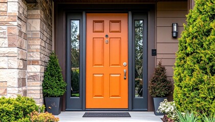 A bold orange front door with stainless steel handle and modern house number plaque

