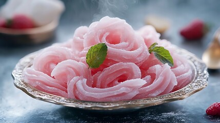 Sweet Pink Rose Flavored Faloodeh Noodle Dessert with Mint Garnish.