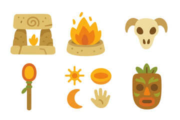 Ancient Altar Icons. Flat vector mini-illustrations ancient altar in colors children's illustrations: stone carvings, fire pit,