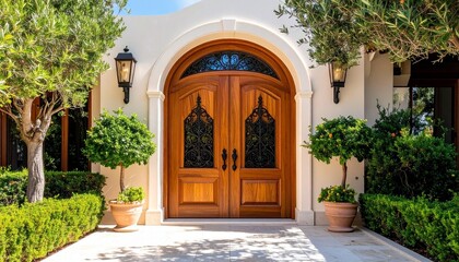 A traditional Victorian style front door with stained glass windows framed by brick walls
