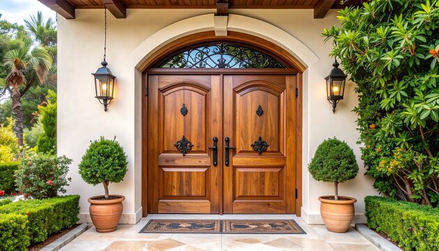 A traditional Victorian style front door with stained glass windows framed by brick walls
