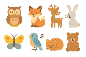 Obraz premium Bedtime Animal Icons. Flat vector mini-illustrations bedtime story animals in colors children's illustrations: wise owl, playful