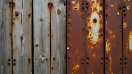 Fototapeta premium A weathered wooden and rusted metal surface, showcasing contrasting textures and colors.