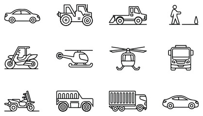 A clean collection of outlined transport icons including cars, tractor, tow truck, pedestrian, off-road vehicle, motorcycle, helicopter, forklift, bus, ATV, cargo truck, and sedan. Perfect for apps, m