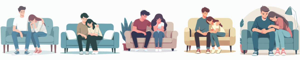 Flat Illustration Various Couples Comforting Each Other on Sofa Together Design