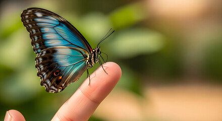 Fototapeta premium Vibrant Blue Morpho Butterfly Perched Delicately on a Fingertip.close up