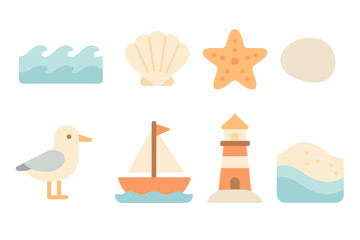 Calm Sea Illustrations. Flat vector mini-illustrations calm sea in colors children's illustrations: gentle waves, seashell,