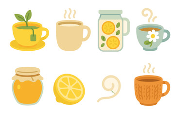 Fototapeta premium Calm Beverage Illustrations. Flat vector mini-illustrations calm beverages in colors children's illustrations: herbal tea, warm