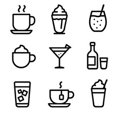 Chocolate Drink Icons. Outline icon set of chocolate drinks: hot chocolate, chocolate milkshake, chocolate smoothie, mocha coffee,