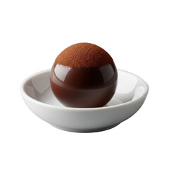 A single, rich dark chocolate truffle with glossy surface and cocoa dust, in a white porcelain dish on a seamless transparent background with bokeh. Concept of gourmet luxury
