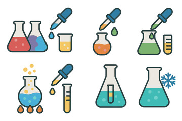 Colorful Chemistry Icons. Flat vector mini-illustrations dropper experiments in colors children's illustrations: mixing liquids,