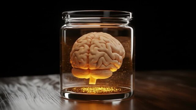 Human brain specimen in glass jar anatomical study medical science education