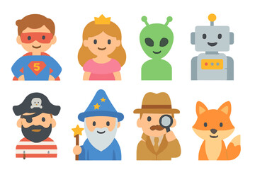 Naklejka premium Children's Character Icons. Flat vector mini-illustrations movie characters in colors children's illustrations: superhero,