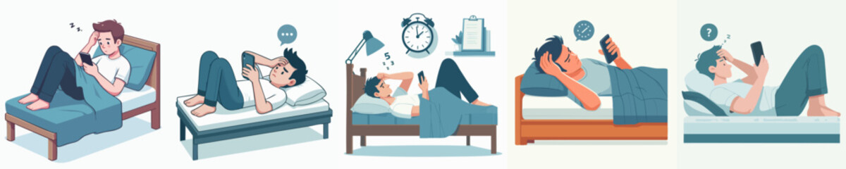 Flat Design Person Laying on Bed Using Phone Lifestyle Illustration