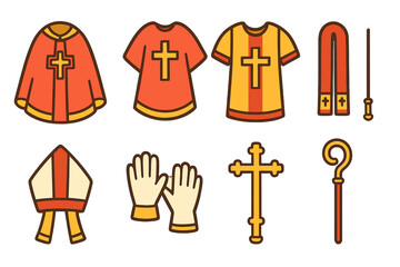 Children's Church Icon Set. Flat vector mini-illustrations Ceremonial vestments in colors children's illustrations: cope, chasuble