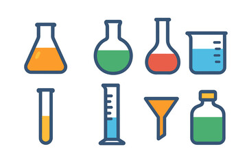 Colorful Lab Icons. Flat vector mini-illustrations lab glass shapes in colors children's illustrations: Erlenmeyer flask, round