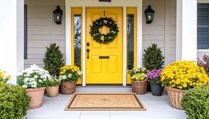 A bright yellow front door with decorative wreath and doormat surrounded by potted flowers
