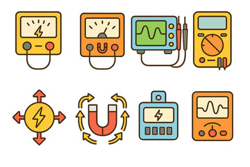 Colorful Measurement Icons. Flat vector mini-illustrations electron measurement in colors children's illustrations: voltmeter,