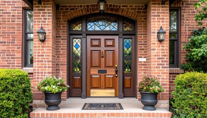 A grand double wooden front door with arch top and ornate ironwork in a Mediterranean villa
