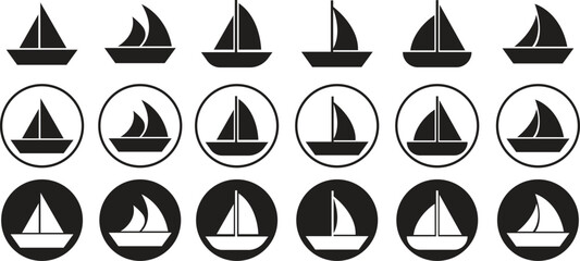 Sailboat icons set in flat styles. Collection and group of sailing boats, yacht symbols, marine transport, nautical ships, sea travel design elements for adventure and holiday themes.