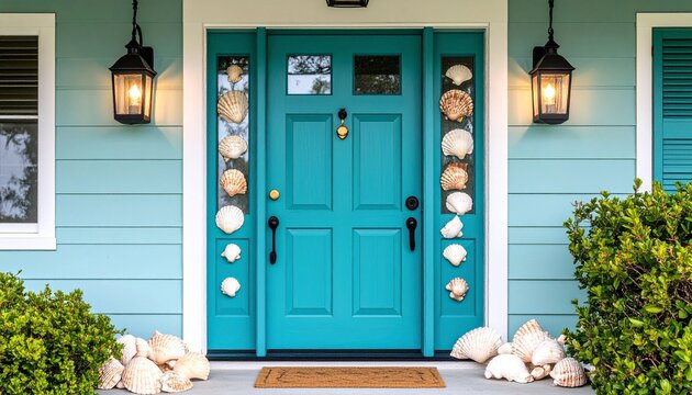A coastal style front door painted turquoise with seashell decorations and lanterns on each side
