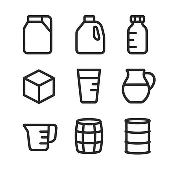 Container Volume Icons. Outline icon set of container volume and measurement: liter, gallon, milliliter, cubic meter, pint, quart,