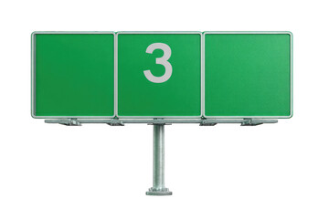 Road sign with three panels, green background, white number 3