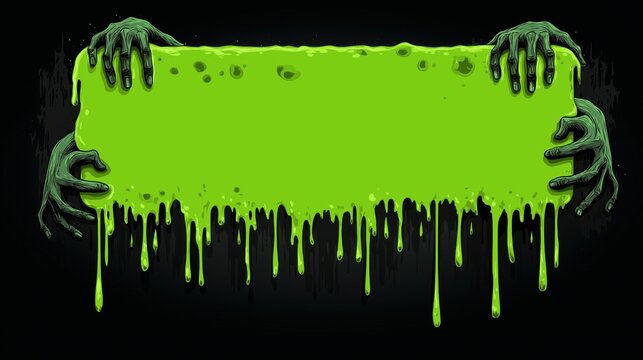 Gritty illustration of zombie hands holding banner of dripping toxic green slime on black - Powered by Adobe