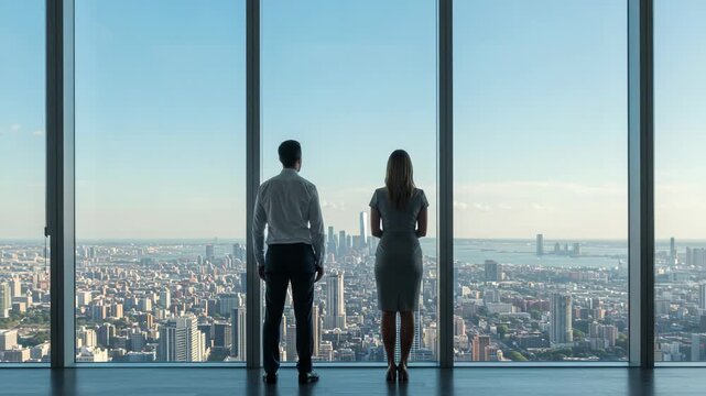 Business man and woman silhouetted, looking out at a panoramic cityscape from a highrise office window