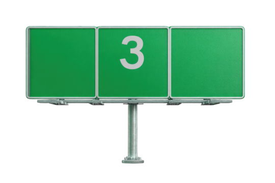 Road sign with three panels, green background, white number 3