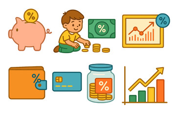Children's Finance Icons. Flat vector mini-illustrations finance percent in colors children's illustrations: piggy bank, child