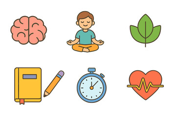 Child's Mental Health Icons. Flat vector mini-illustrations mental health resources in colors children's illustrations: brain icon