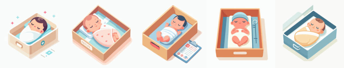 Cute Newborn Isometric Baby in Box Collection Illustration Set