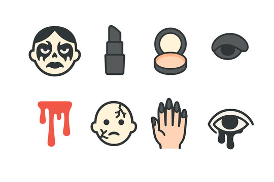 Children's Gothic Makeup Icons. Flat vector mini-illustrations black metal makeup in colors children's illustrations: corpse paint
