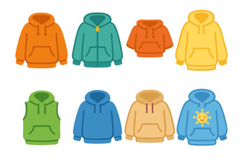 Children's Hoodie Styles. Flat vector mini-illustrations hoodie styles in colors children's illustrations: pullover hoodie, zip-up