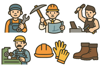 Children's Industrial Workers. Flat vector mini-illustrations industrial age workers in colors children's illustrations: factory
