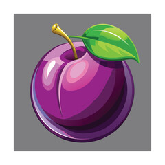Purple plum with green leaf and stem on grey background