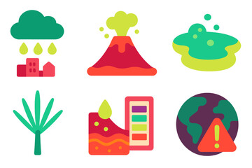 Environmental Acid Icons. Flat vector mini-illustrations acid in nature in colors children's illustrations: acid rain, volcanic