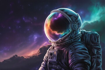 Astronaut in space with nebula reflection on helmet exploring the galaxy with cosmic background and detailed suit design