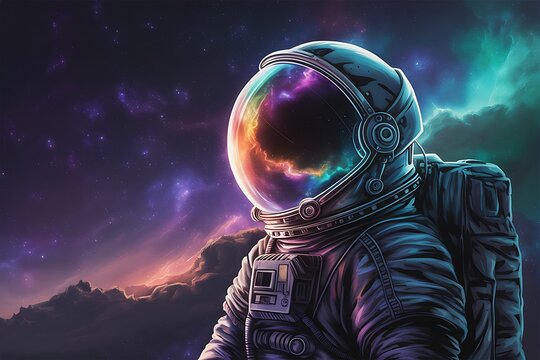 Astronaut in space with nebula reflection on helmet exploring the galaxy with cosmic background and detailed suit design