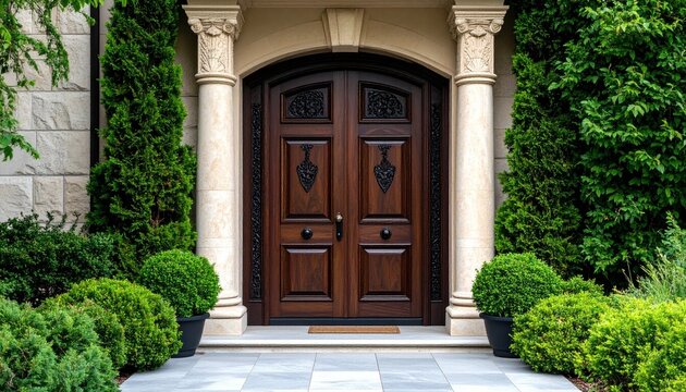 A dark wooden front door with carved details framed by stone pillars and greenery
