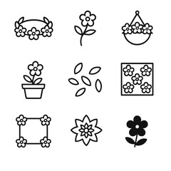 Floral Icon Grid. Outline icon set of floral decorations: flower crown, floral tattoo, flower pot, hanging flower basket, flower