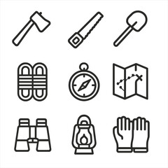 Fototapeta premium Forest Tools Icons. Outline icon set of forest tools: axe, saw, shovel, ropes, compass, map, binoculars, lantern, gloves. Line