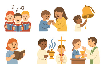 Children's Worship Icons. Flat vector mini-illustrations worship in colors children's illustrations: choir singing, congregation