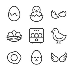 Hatching Egg Icons. Outline icon set of egg hatching: cracked egg, chick emerging, eggshell pieces, nest with eggs, incubator,