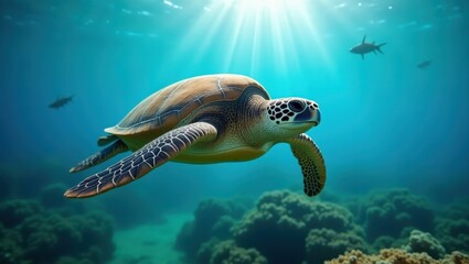 Obraz premium A sea turtle gracefully glides through the vibrant, sunlit ocean depths, surrounded by coral reefs and other marine life.