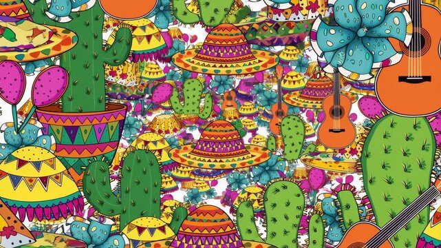 Colorful mexican fiesta pattern repeating on white background